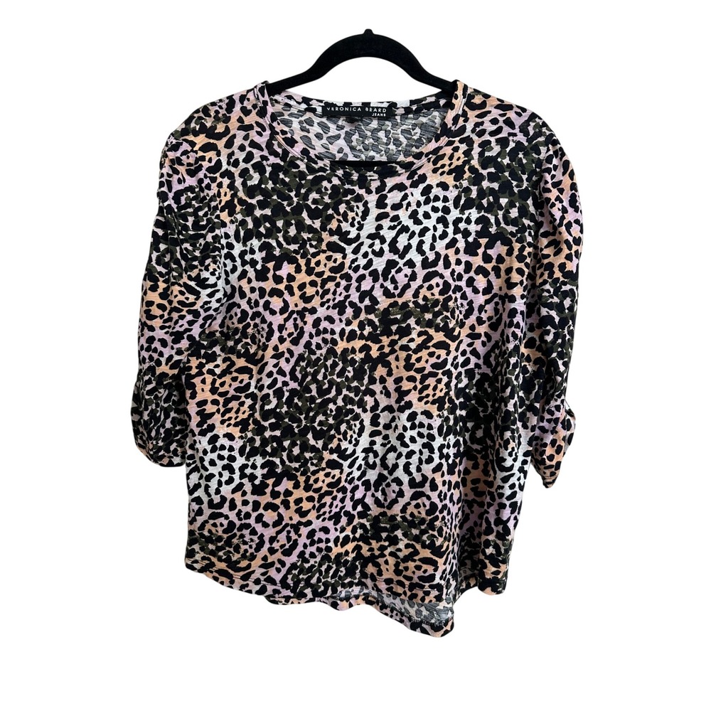 Veronica Beard Jeans Leopard Print Pima Cotton 3/4 Ruched Sleeve Top Pink Tan L